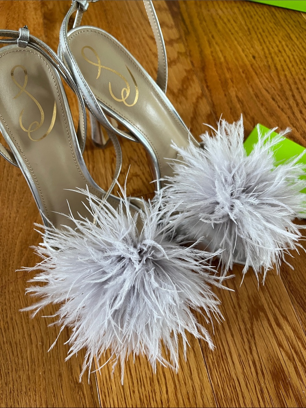 Sam Edelman Metallic Silver Feather Pom-Pom Slingback Heels - Picture 7 of 7